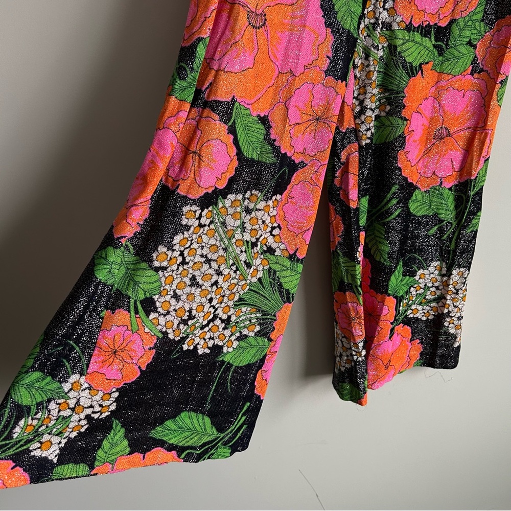 Vintage 70s Elaine Sklar Lingerie Co Metallic Floral Print 2 Piece Lounge Set M - Picture 7 of 11